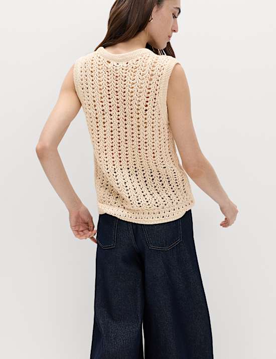 Cotton Rich Crochet-Style Scoop Neck Knitted Vest