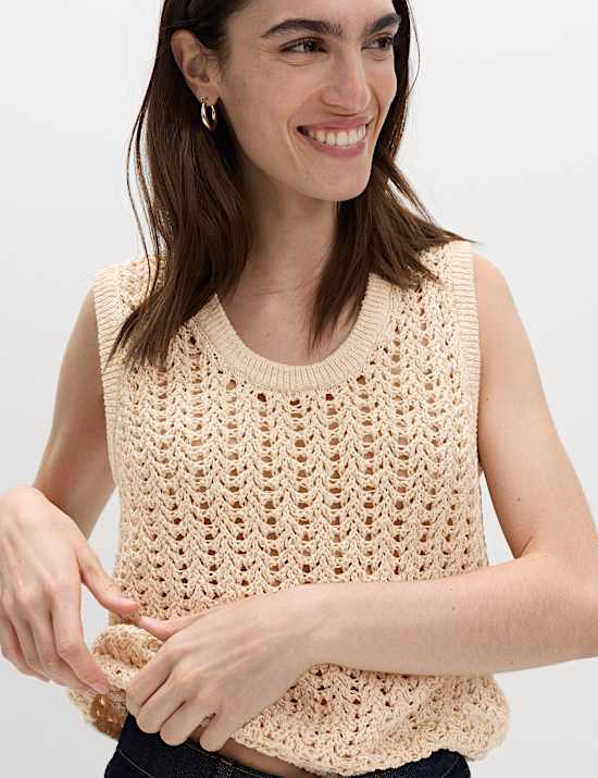 Cotton Rich Crochet-Style Scoop Neck Knitted Vest