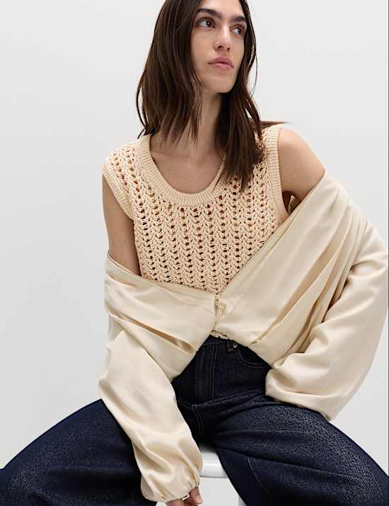 Cotton Rich Crochet-Style Scoop Neck Knitted Vest