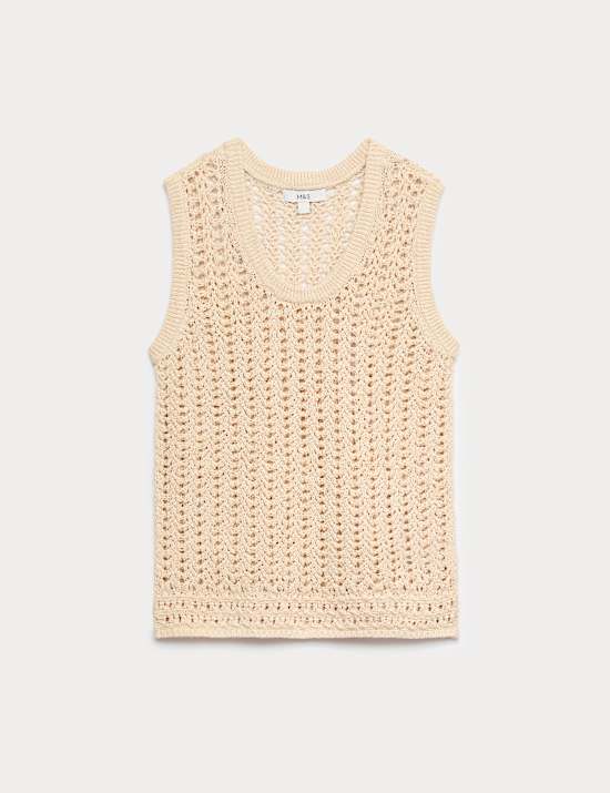 Cotton Rich Crochet-Style Scoop Neck Knitted Vest
