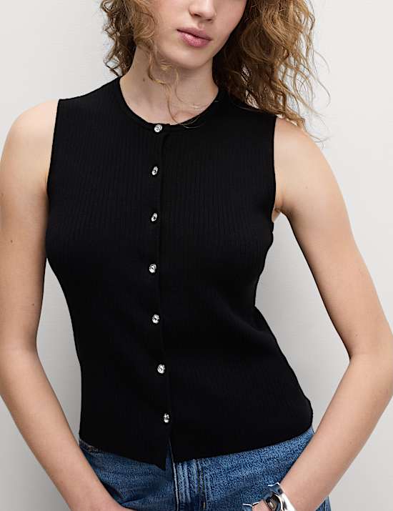 Textured Crew Neck Button Through Waistcoat