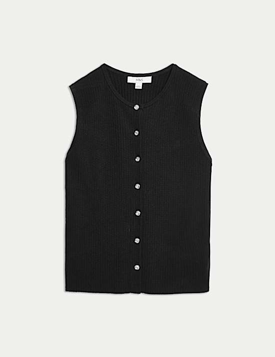 Textured Crew Neck Button Through Waistcoat