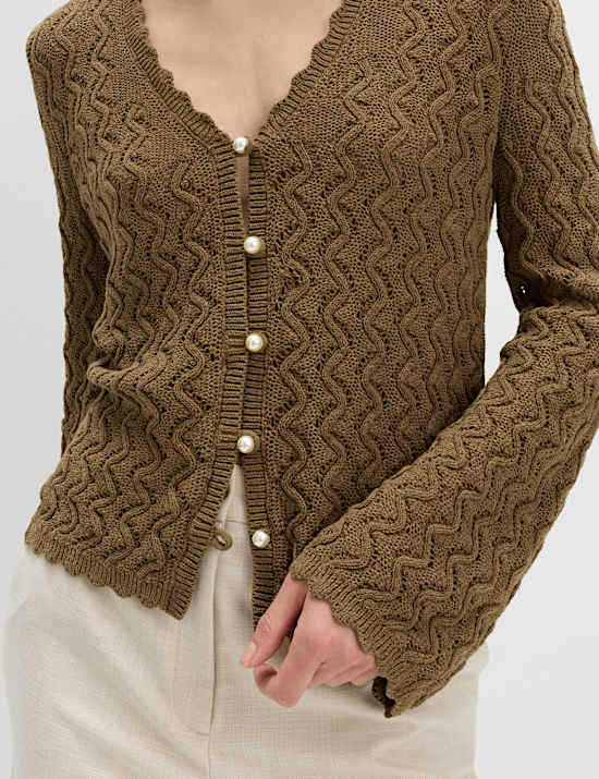 Cardigan en coton &agrave; bords festonn&eacute;s et perles