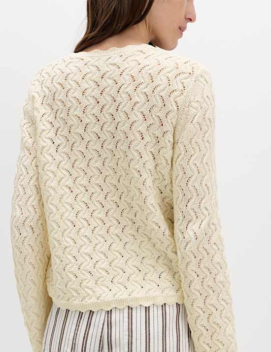 Cardigan en coton &agrave; bords festonn&eacute;s et perles