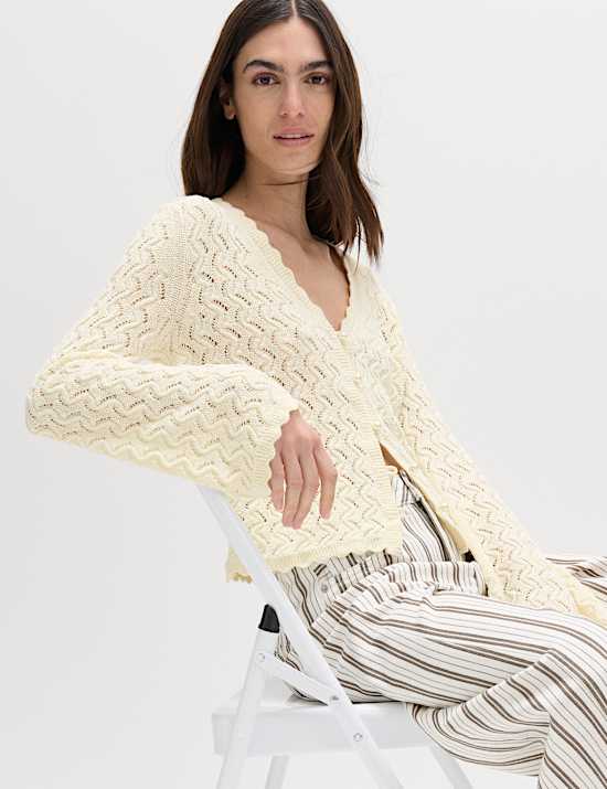 Cardigan en coton &agrave; bords festonn&eacute;s et perles