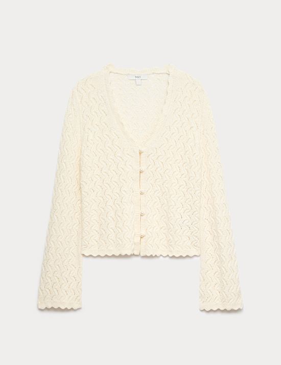 Cardigan en coton &agrave; bords festonn&eacute;s et perles