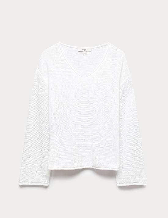 Pull coupe slim en coton m&eacute;lang&eacute; &agrave; col en V