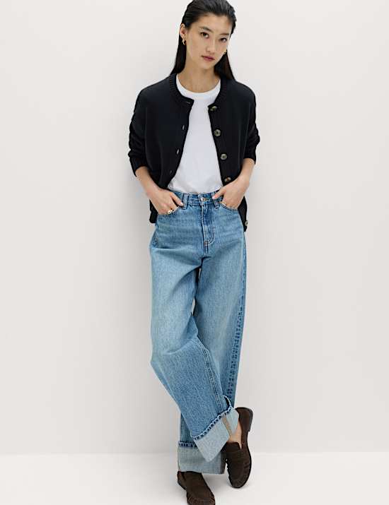 Cotton Rich Crew Neck Button Front Cardigan