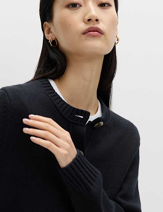 Cotton Rich Crew Neck Button Front Cardigan