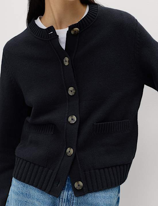 Cotton Rich Crew Neck Button Front Cardigan