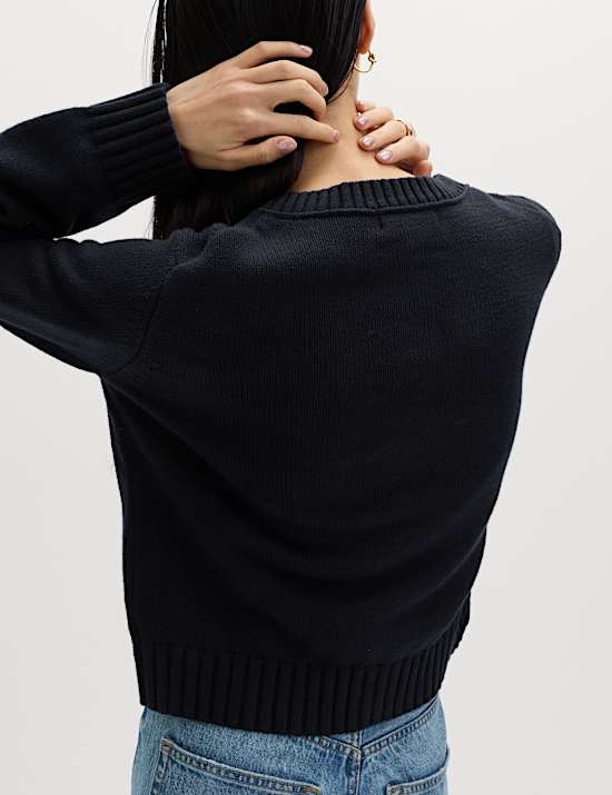 Cotton Rich Crew Neck Button Front Cardigan