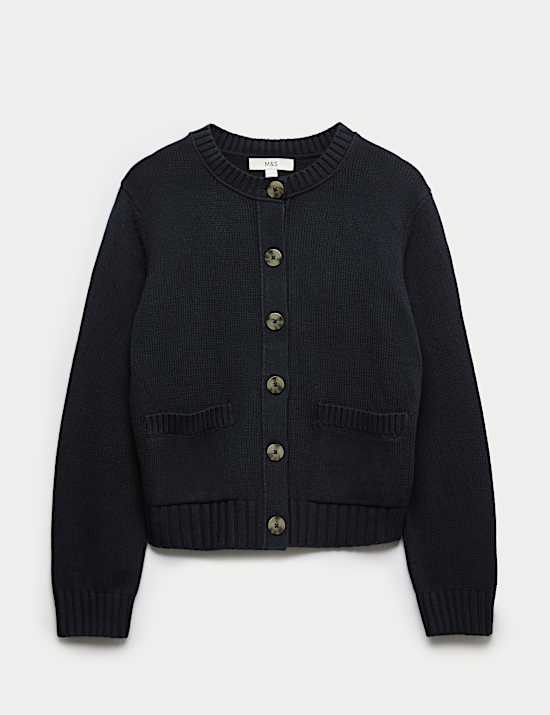 Cotton Rich Crew Neck Button Front Cardigan