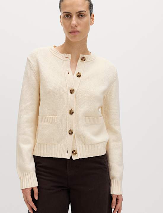 Cotton Rich Crew Neck Button Front Cardigan