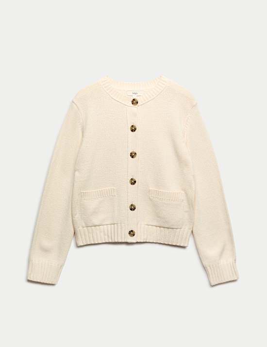 Cotton Rich Crew Neck Button Front Cardigan