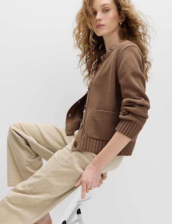 Cardigan boutonn&eacute; &agrave; col rond en coton