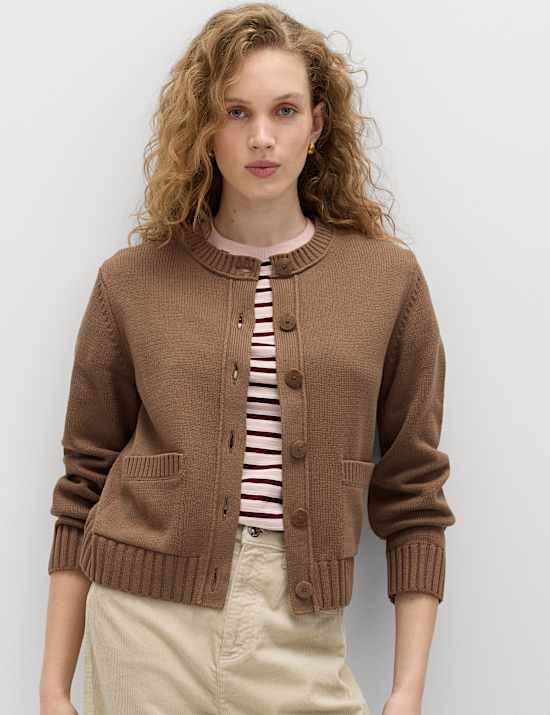 Cardigan boutonn&eacute; &agrave; col rond en coton
