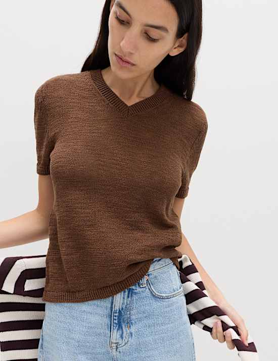 Cotton Rich V-Neck Slim Fit Knitted Top