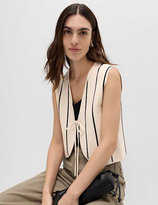Tie Front Striped Cropped Knitted Waistcoat