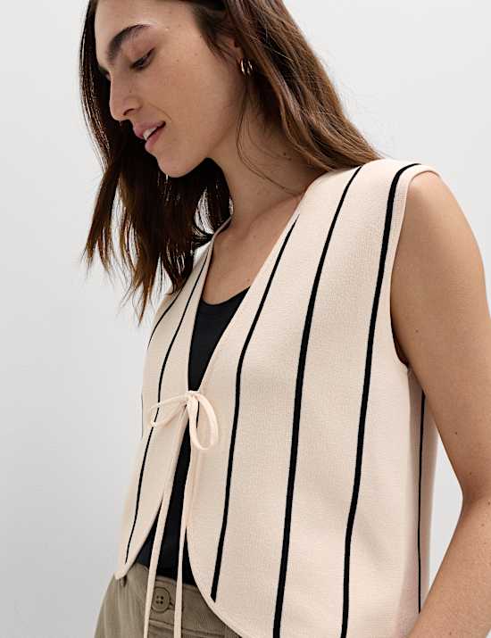 Tie Front Striped Cropped Knitted Waistcoat