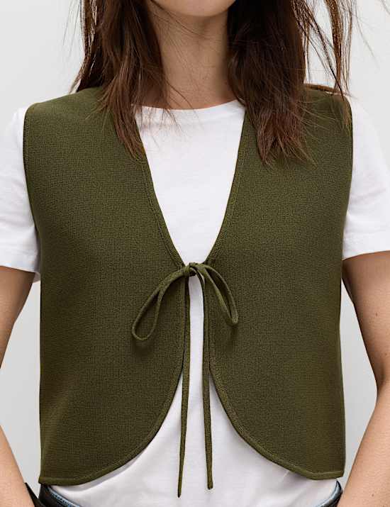 Tie Front Slim Fit Cropped Knitted Waistcoat