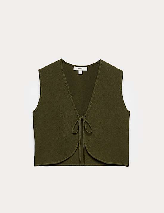 Tie Front Slim Fit Cropped Knitted Waistcoat