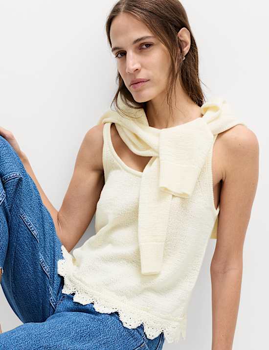 Maillot de corps court en maille de coton m&eacute;lang&eacute; avec d&eacute;tail en dentelle