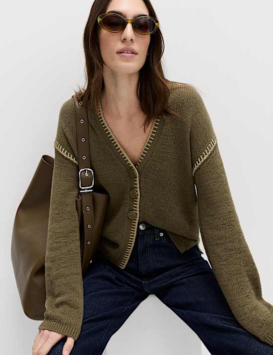 Kardigan Jahitan Jelujur Kerah V Bahan Katun Bertekstur