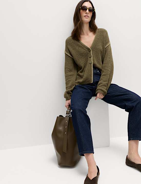 Kardigan Jahitan Jelujur Kerah V Bahan Katun Bertekstur