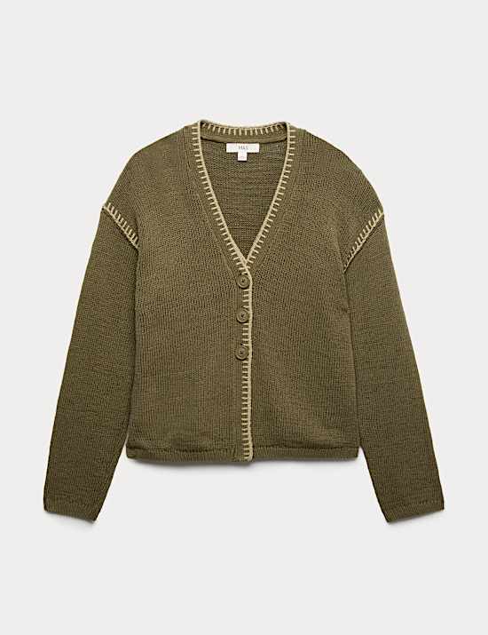 Kardigan Jahitan Jelujur Kerah V Bahan Katun Bertekstur