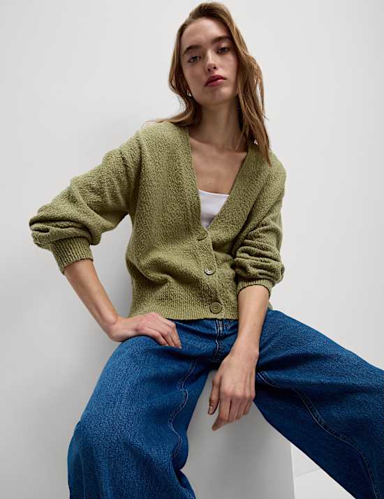 Cotton Rich Textured V-Neck Relaxed Cardigan