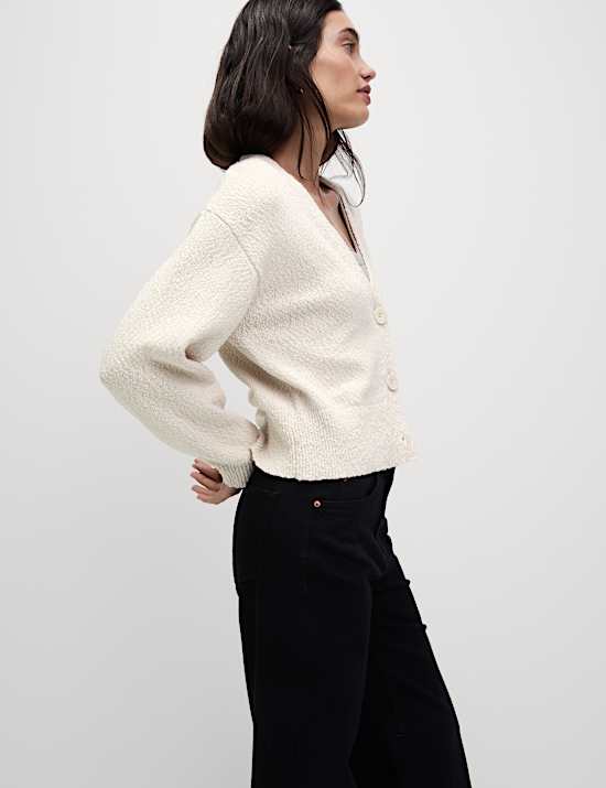 Cotton Rich Textured V-Neck Relaxed Cardigan