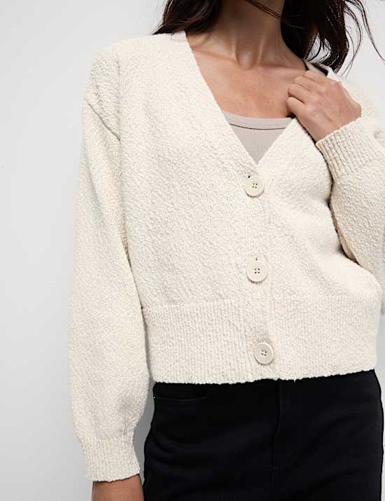 Cotton Rich Textured V-Neck Relaxed Cardigan