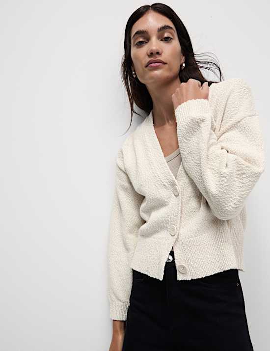 Cotton Rich Textured V-Neck Relaxed Cardigan
