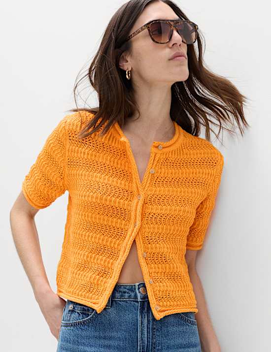 Cardigan court textur&eacute; en coton m&eacute;lang&eacute;