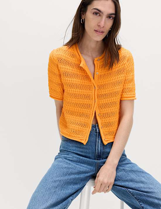 Cardigan court textur&eacute; en coton m&eacute;lang&eacute;