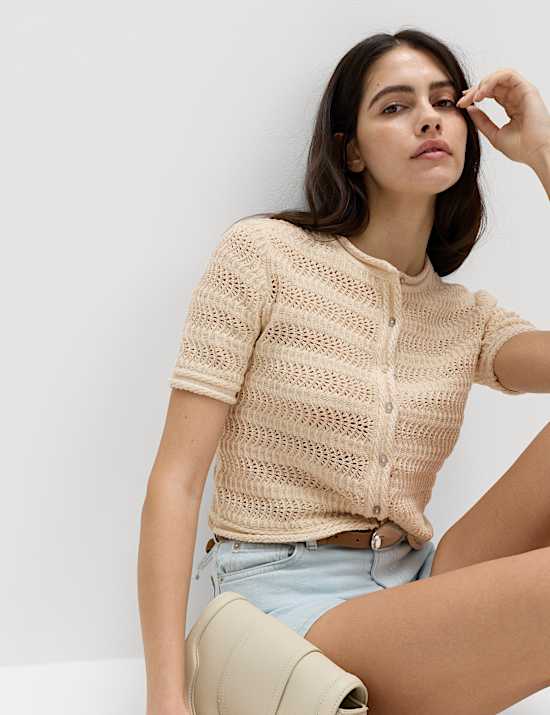 Cotton Blend Textured Cropped Cardigan