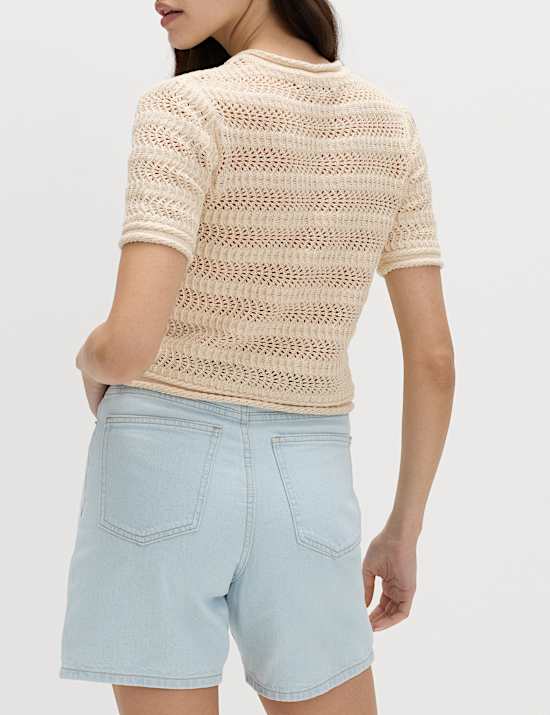 Cotton Blend Textured Cropped Cardigan