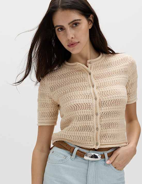Cotton Blend Textured Cropped Cardigan