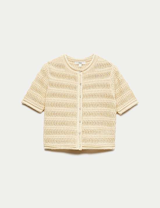 Cotton Blend Textured Cropped Cardigan
