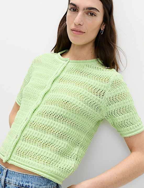Cotton Blend Textured Cropped Cardigan