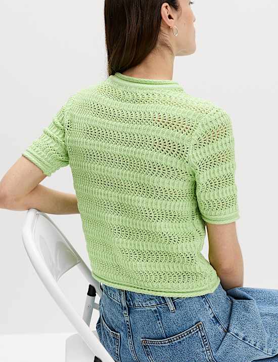 Cotton Blend Textured Cropped Cardigan
