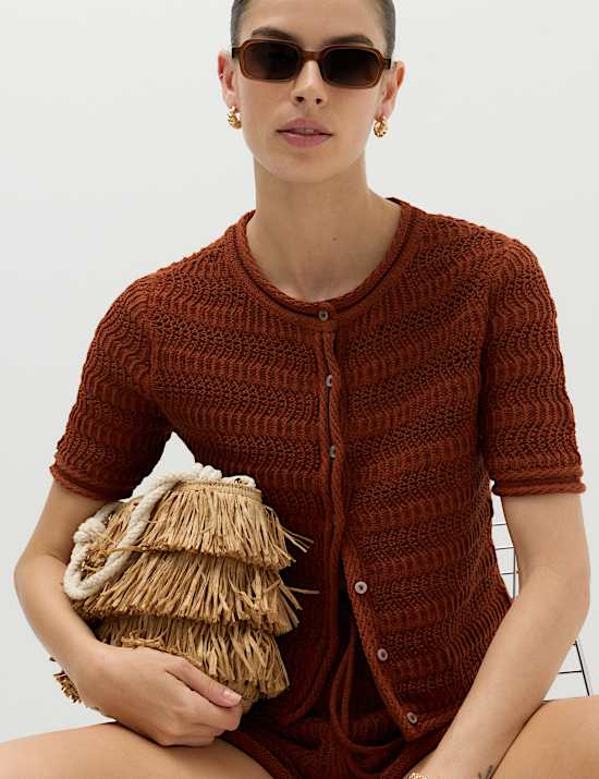Cotton Blend Textured Cropped Cardigan