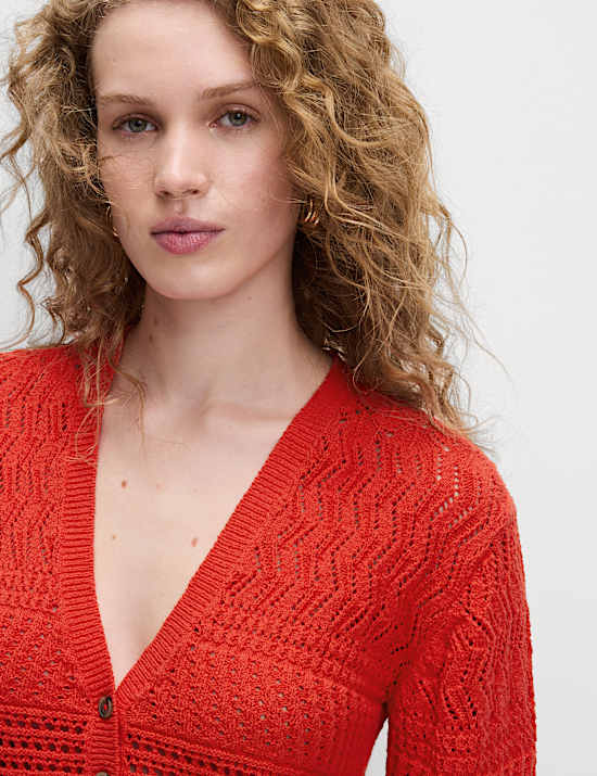 Cotton Blend Pointelle V-Neck Button Front Cardigan