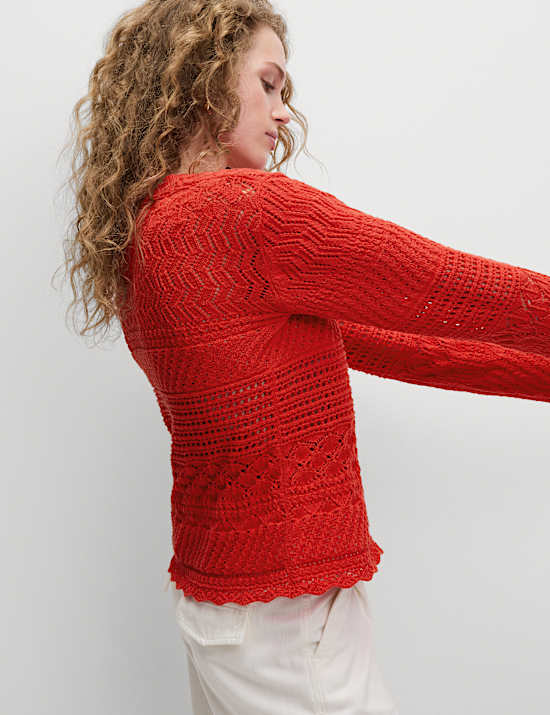 Cotton Blend Pointelle V-Neck Button Front Cardigan