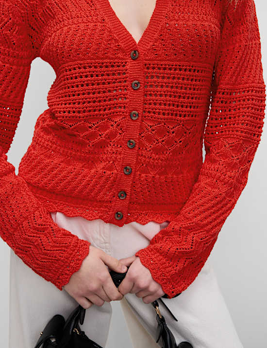 Cotton Blend Pointelle V-Neck Button Front Cardigan