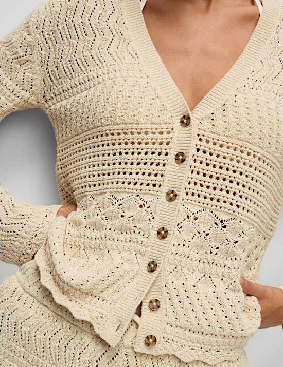Cotton Blend Pointelle V-Neck Button Front Cardigan