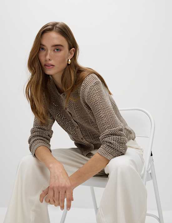 Cardigan coupe courte en coton à maille ajourée