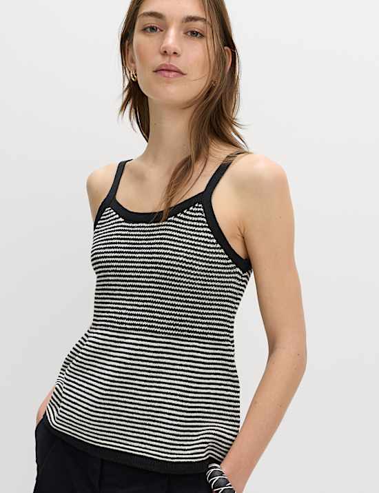 Cotton Blend Striped Square Neck Knitted Vest