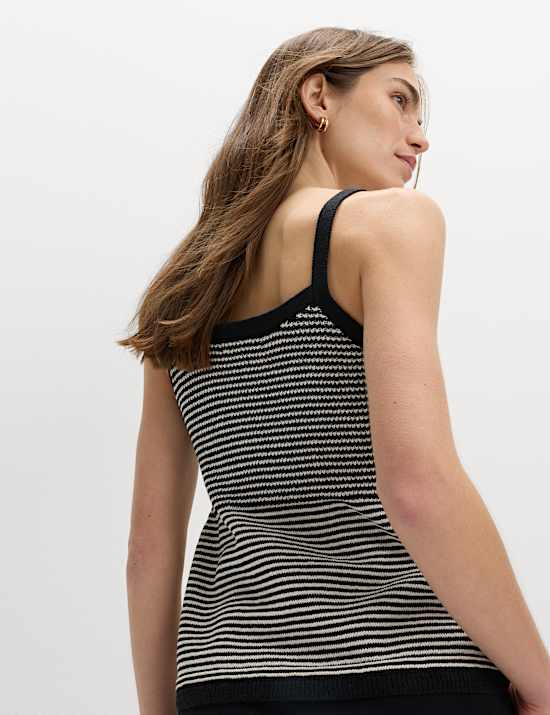 Cotton Blend Striped Square Neck Knitted Vest