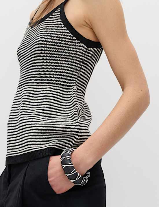 Cotton Blend Striped Square Neck Knitted Vest